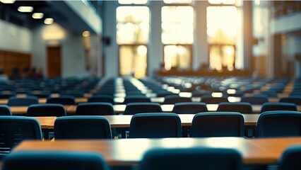 Empty defocused university classroom. Blurred school classroom without students with empty chairs and tables. Business conference room. with high resolution photography