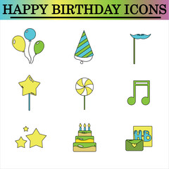 Set of birthday flat icons on the white background. Celebration icons. Isolated vector.
