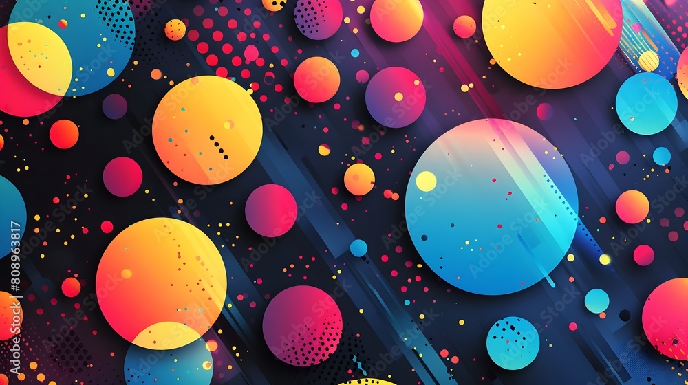Poster vibrant geometric patterns of multicolored circles and shapes in a dynamic cosmic backdrop