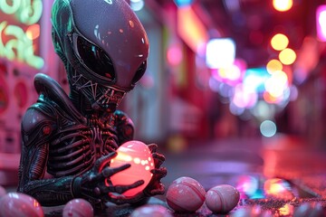 A sleek alien figure tenderly cradles a glowing orb under neon city lights giving a sense of connection