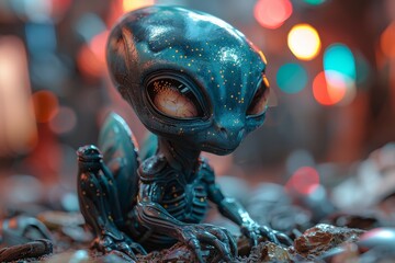 A contemplative alien being sits surrounded by otherworldly trinkets in a futuristic setting