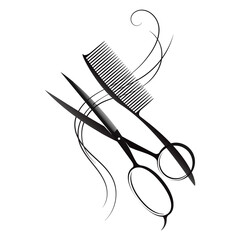 Comb, scissors and curl of hair beautiful hair stylist design. Beauty salon and hair salon sign