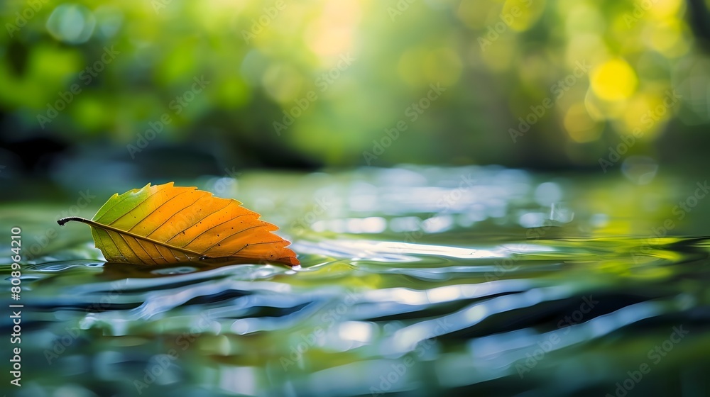 Poster leaf adrift on serene stream exemplifying tao's principle of effortless efficiency