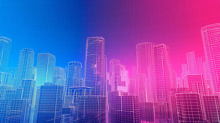 Night city gradient from neon pink to electric blue in a vibrant abstract wireframe energetic  lively