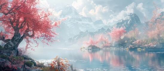 Ethereal Watercolor Landscape with Serene Lake and Vibrant Cherry Blossoms