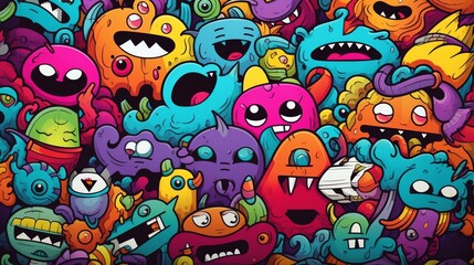 The image is a colorful and abstract drawing of many different monsters