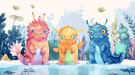 Create an image of three colorful creatures standing in a magical forest near a pond