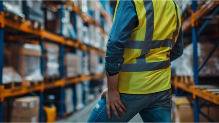 In the warehouse, an employee with back pain holds his lower left side