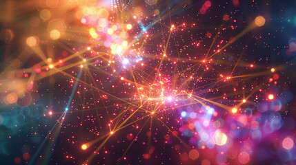 Radiant digital constellation connected by dynamic colorful threads in an abstract universe.