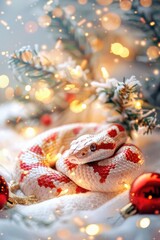 Christmas Surprise: Festive Red and White Snake Amidst Holiday Decor