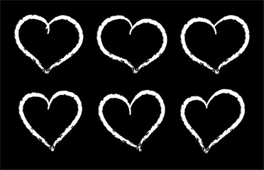 Crayon hearts painted with marker or pencil. Hand drawn chalk symbol of love. Vector Illustration on black background
