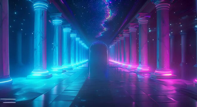 A long, brightly lit hallway with blue and pink glowing columns and a glowing door at the end of the hall.