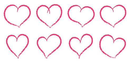 Red and pink crayon hearts painted with lipstick or pencil. Hand drawn chalk symbol of love. Vector Illustration