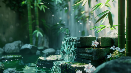 a waterfall pouring over stones and bamboo, in the style of colorful arrangements, 