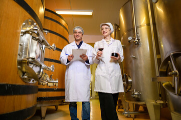 Professional winemaker controlling wine making process and quality at winery factory