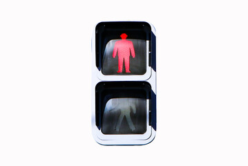 Traffic lights with red light lit. Sign or symbol pedestrians not allowed crossing road isolated on...