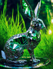 mirror hare, made of glass shards, against a background of green grass