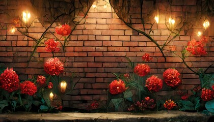 red brick wall and red roses