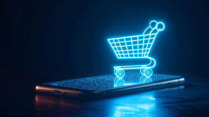 Neon blue glowing shopping cart on smart phone, 3D illustration