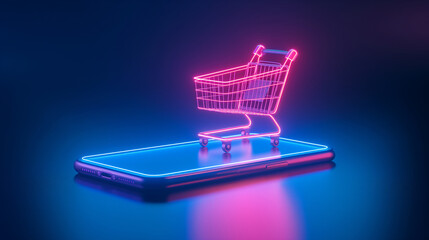 Neon pink glowing shopping cart on smart phone, 3D illustration