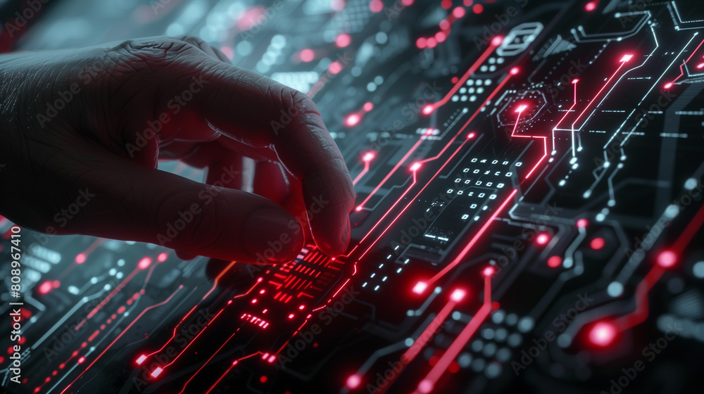 Aufkleber a hand is touching a computer screen with a red and black design. concept of technology and innovati