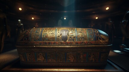 sarcophagus with egyptian mummy on a colorful hieroglyphs wall background inside a tomb in a...