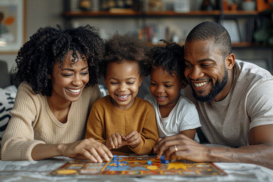 Family Game Night: Parents and children engrossed in a lively board game, living room setting. AI generated.
