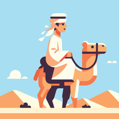 cartoon illustration of a muslim arab man riding a camel in the desert