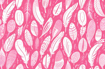 Fototapeta premium collage of many white feathers of different shapes on a pink field ​