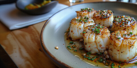Seared Scallops in Herb Oil. Perfectly seared scallops garnished with herbs and spices, served in herb-infused oil.
