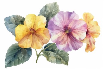 Painted with finesse, the Primrose flower flourishes in watercolor, its petite blooms and vibrant foliage creating a delicate tapestry of natural beauty and serenity.