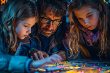 Fototapeta premium Family Game Night: Family of four engrossed in an intense board game with dynamic lighting and snacks. AI generated.
