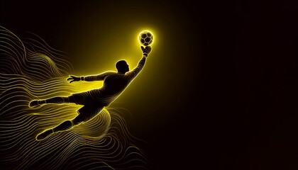 Fußballer, der sich nach dem Ball reckt, neon, gelb, copy space