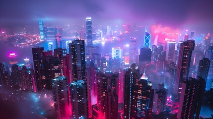 Fototapeta premium The night view of the city, highrise buildings with lights on in red and blue tones, shrouded in fog. The entire skyline is covered in neon light from various tall buildings,full of mystery and future
