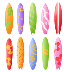 Big set different surfboard colorful surf desk design. Summer sports and beach recreation