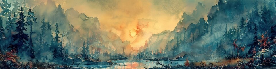 Ethereal Watercolor Landscape of Misty Mountain Range at Sunset
