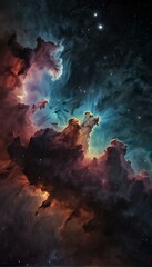 Abstract background of space nebula with stars and galaxies. Concept of space with blue, black, pink and orange colors. Suitable as 9:16 mobile phone background. AI Generated