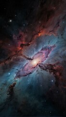 Abstract background of space nebula with stars and galaxies. Concept of space with blue, black, pink and orange colors. Suitable as 9:16 mobile phone background. AI Generated