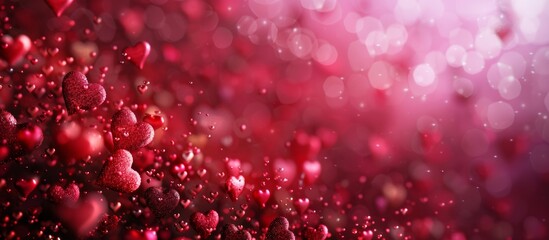 The red and pink background creates a festive Valentine's Day atmosphere, decorated with lots of 3D hearts. 
