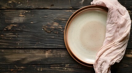 Empty Plate and Pink Napkin on Dark Wooden Tabletop - Minimalist,Serene Food Presentation Background - Powered by Adobe