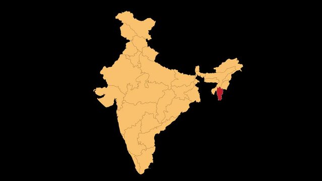 Mizoram map animated video. Mizoram location in India highlighted colour with transparent background in video format. Map animation video.