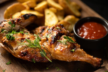 Baked chicken leg with fries potatoes on wooden board. Baking dish on table. Grilled chicken legs.