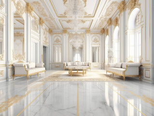 Luxury Interior of Royal Palace. White and Gold Marble Castle Hall in  in classic style. Palace Interior background. Beautiful Wedding Background	