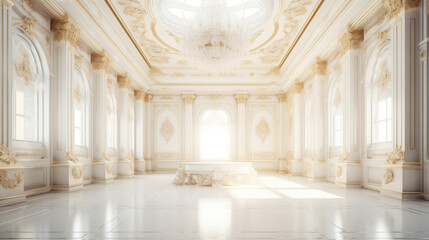 Fototapeta premium Palace Interior background. Luxury Interior of Royal Palace. White and Gold Marble Castle Hall. Wedding background