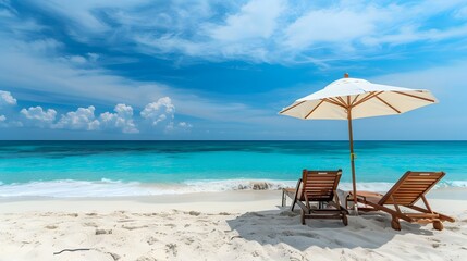 Obraz premium Two beach chairs and a umbrella on the white sand on a sunny day, with a blue sea in the background. A summer vacation concept banner with copy space for text