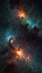Abstract background of space nebula with stars and galaxies. Concept of space with blue, black, pink and orange colors. Suitable as 9:16 mobile phone background. AI Generated