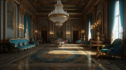 Obraz premium Luxury Palace Interior background. Blue Green and Golden Marble Royal Castle Hall. Posh and Rish Wedding Background in classic style 