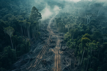 Deforestation Aftermath: Stark Landscape at Dawn. Mist rises from a devastated landscape in the early morning light, showcasing the environmental impact of deforestation.