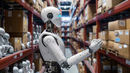 Fototapeta premium A robot with articulated arms processes items on shelves in a modern storage facility.