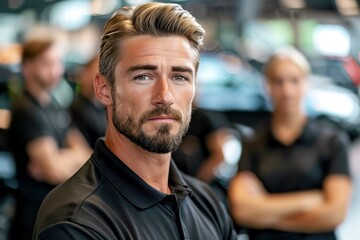 Fototapeta premium consultant in car salon, portrait of car dealer worker in showroom